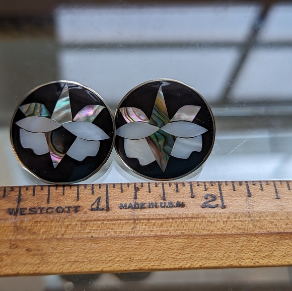 Abalone Earrings Alpaca Mexico Floral clip on vintage mother of pearl - Picture 8 of 8